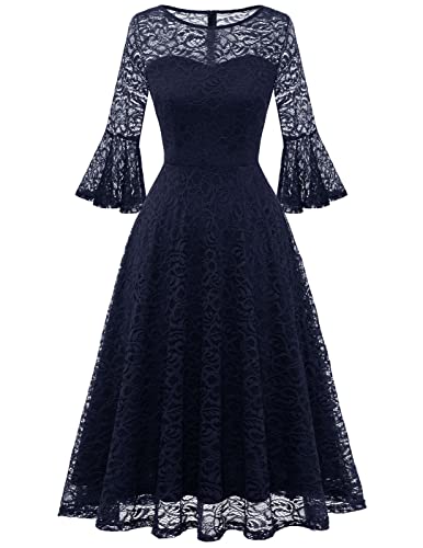 DRESSTELLS Damen Elegant Cocktailkleid 3/4 Ärmel Hochzeit Party Midi Abendkleid Spitzenkleid Navy XL von DRESSTELLS