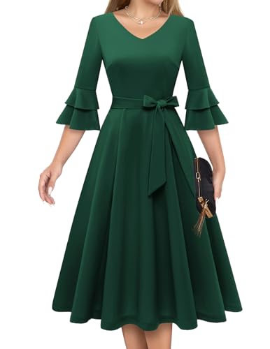 DRESSTELLS Damen Elegant Cocktailkleid Ballkleider für Jugendliche mit niedlichem Glockenärmel Cocktailkleider für Hochzeitsgast DarkGreen 2XL von DRESSTELLS