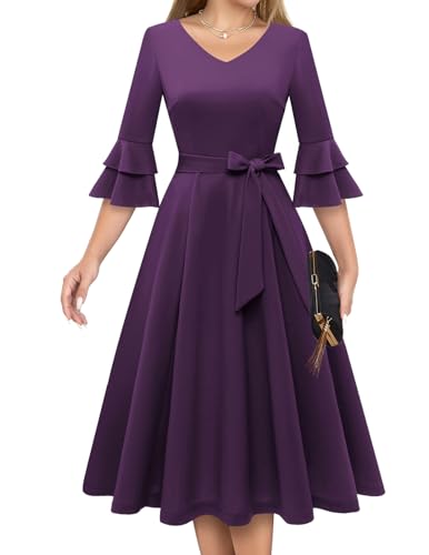 DRESSTELLS Damen Elegant Cocktailkleid Langarm Brautjungfernkleid Klassisch und vielseitig Stil 50er Jahre Kleider für Frauen Vintage Homecoming Ballkleid für Teens Grape L von DRESSTELLS