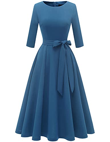 DRESSTELLS Damen Elegant Cocktailkleid Langarm Festlich Kleider Brautmutterkleid mit Gurtel Retro Faltenrock Knielang Midilang A-Linie Abendkleid Greyblue XL von DRESSTELLS