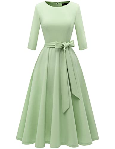 DRESSTELLS Damen Elegant Cocktailkleid Langarm Festlich Kleider Brautmutterkleid mit Gurtel Retro Faltenrock Knielang Midilang A-Linie Abendkleid LightGreen XL von DRESSTELLS