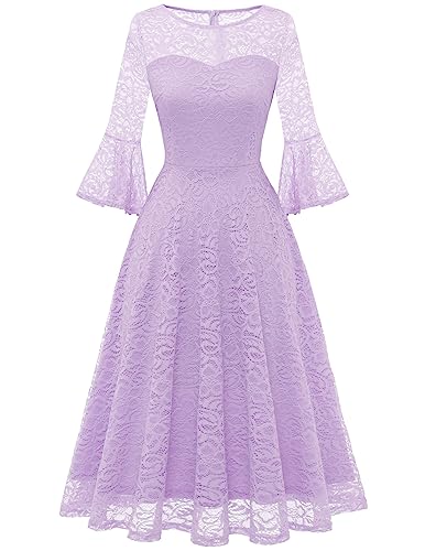 DRESSTELLS Damen Elegant Kleid Cocktailkleid 3/4 Ärmel Hochzeit Party Midikleid Rundhals Knielang Abendkleid Konfirmationskleid Lavender M von DRESSTELLS