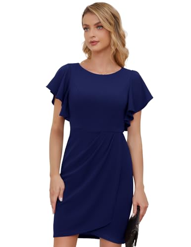 DRESSTELLS Damen Elegant Kleid Rundhals Cape Ärmel Bodycon Cocktailkleid Hochzeit Vintage Etuikleid Navy 2XL von DRESSTELLS