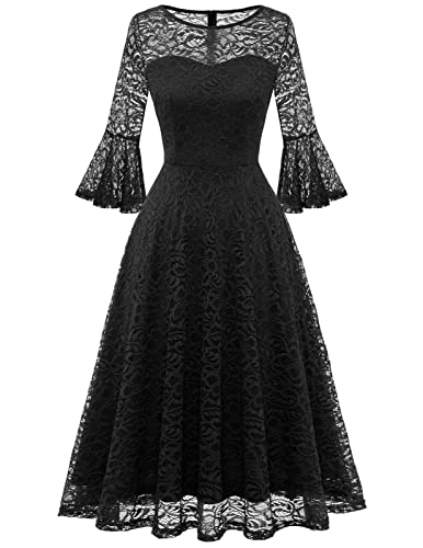 DRESSTELLS Damen Elegant Spizten Cocktailkleid 3/4 Ärmel Hochzeit Brautjungfernkleid Abendkleid Rundhals Knielang Abendkleid Black 3XL von DRESSTELLS