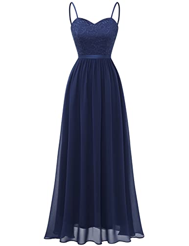 DRESSTELLS Damen Festliche Kleider für Hochzeit Chiffon Maxi Brautjungfernkleider Bodenlang Kleider mit Spaghettiträgern Ärmel Cocktailkleid für Hochzeit Navy 3XL von DRESSTELLS