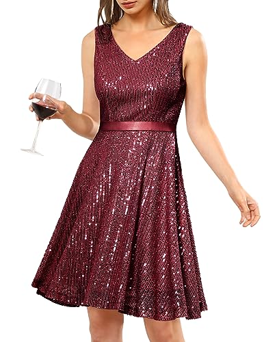 DRESSTELLS Damen Festliche Kleider für Hochzeit Maxi Brautjungfernkleider Knielang Kleider mit V-Ausschnitt Ärmel Cocktailkleid für Hochzeit Burgundy M von DRESSTELLS