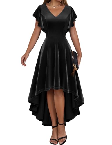 DRESSTELLS Damen Samtkleid Elegant Vintage Retro Cocktailkleid V-Ausschnitt Abendkleid Große Größe Hi-Lo Ballkleid Velvet Black 2XL von DRESSTELLS