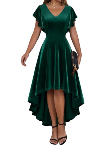 DRESSTELLS A-Linie Hochzeitskleid Damen Festlich Abendkleid Elegant Samtkleid Hi-Lo Vintage Cocktailkleid Midilang Kleid Velvet Dark Green L von DRESSTELLS