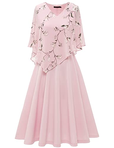 DRESSTELLS Damen Große Größe Abendkleid Chiffon Cape Elegant Jugendweihe Kleider Hochzeit V-Ausschnitt Knielang A-Linie Sommer Cocktailkleideid Blush Flower M von DRESSTELLS