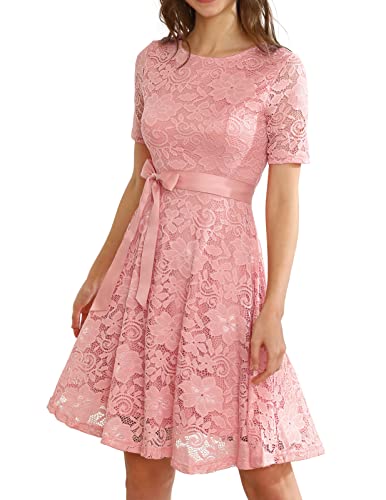 DRESSTELLS Damen Kleider Spitzenkleid Cocktailkleid Festliches Ballkleid Brautjungfernkleider für Hochzeit A-Line Knielang Abendkleider Blush 2XL von DRESSTELLS