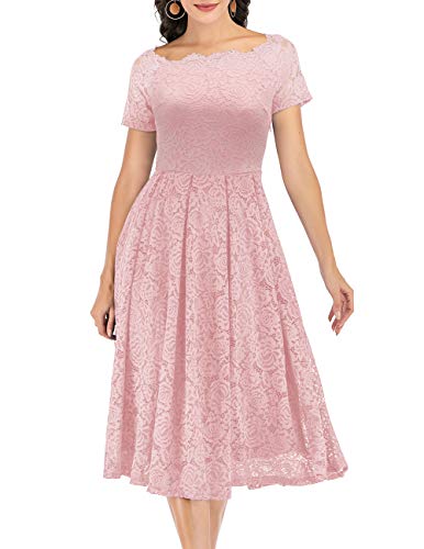 DRESSTELLS Damen Elegant FüR Hochzeit A Linie Spitzenkleid, Cocktailkleider Festlich, Knielang Abendkleider, Schulterfrei Abendkleider, kurzärmelig Swing Faltenrock, Blush XL von DRESSTELLS