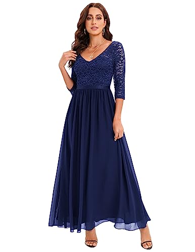 DRESSTELLS Damen Hochzeitskleider für Damen Chiffon Abendkleid Langarm Spitzen Brautjungfernkleid Lang Navy L von DRESSTELLS