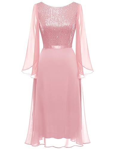 DRESSTELLS Damen Kleid Festlich Pink Partykleider Knielang Glitzer Kleid Festliche Kleider mit Ärmeln Pink 2XL von DRESSTELLS