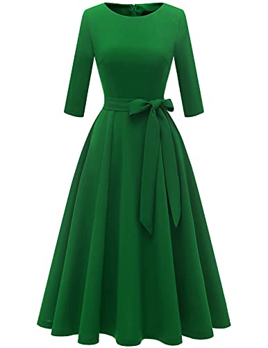 DRESSTELLS Damen Cocktailkleid Konfirmationskleider Festliche Partykleider Midilang Cocktailkleid Abendkleid mit Gurtel Retro Langarm Faltenrock Green 2XL von DRESSTELLS