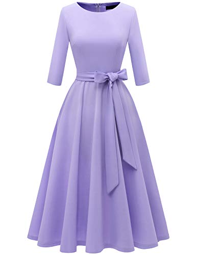 DRESSTELLS Damen Kleider für Hochzeitsgäste 1950s Retro Kleid Elegant Swing A-Line Cocktailkleid mit Gurtel Retro Faltenrock Knielang Midilang Lavender L von DRESSTELLS