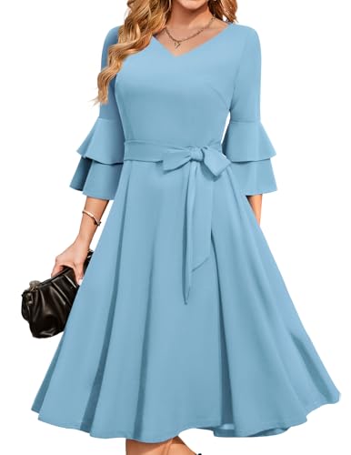 DRESSTELLS Damen Knielang Kleider Beerdigung Formal Bescheiden Kleider für Frauen 3/4 Ärmel Plus Größe Blue Cocktailkleid Business Kleider Blue S von DRESSTELLS