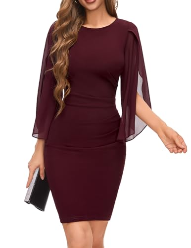 DRESSTELLS Damen Vintage Cocktailkleid elegant Hochzeitskleid Rundhals Etuikleid festlich Partykleid Burgundy XL von DRESSTELLS