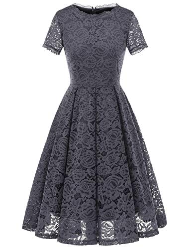 DRESSTELLS Damen Spitzenkleid brautmütter Kleider, Knielang Elegant Brautjungfer Cocktailkleid, Rockabilly Floral Kleid Kurzarm Grey M von DRESSTELLS