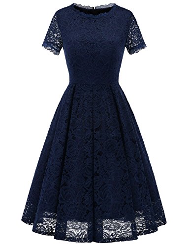 DRESSTELLS Damen Spitzenkleid brautmütter Kleider, Knielang Elegant Brautjungfer Cocktailkleid, Rockabilly Floral Kleid Kurzarm Navy 2XL von DRESSTELLS