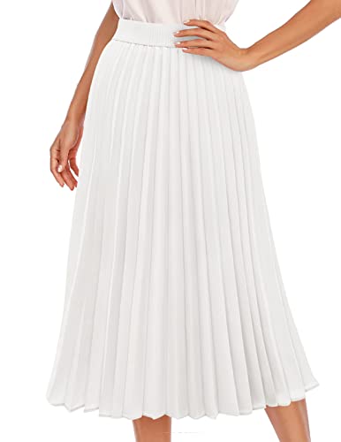 DRESSTELLS Damen Midi Plisseerock Elegent Boho Faltenrock Elastisch Chiffon Rock Lang Strandrock White 2XL von DRESSTELLS