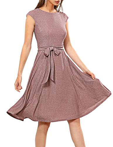 DRESSTELLS Cocktail Kleider, Womens Sparkly Midi Prom Party Hochzeit Gast Kleid Fit Flare 2024 Herbst Winter Aline Midi Kleid Glitter Rose XL von DRESSTELLS