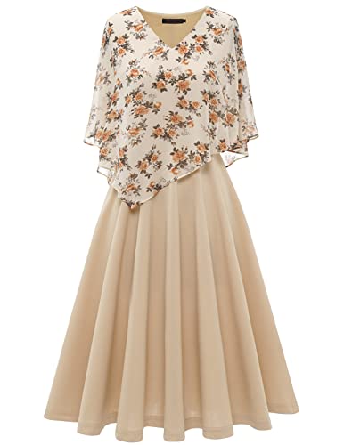 DRESSTELLS Damen Plus Größe Brautjungfernkleider Chiffon Cape Elegant Cocktailkleid Hochzeit Abendkleid V-Ausschnitt Knielang A-Linie Sommer Kleid Apricot Flower 2XL von DRESSTELLS