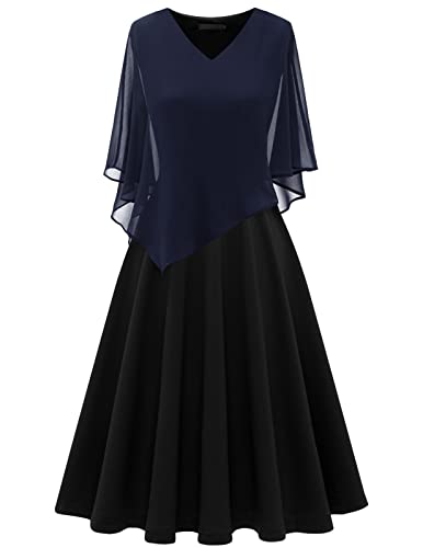 DRESSTELLS Damen Plus Größe Brautjungfernkleider Chiffon Cape Elegant Cocktailkleid Hochzeit Abendkleid V-Ausschnitt Knielang A-Linie Sommer Kleid Navy Black 2XL von DRESSTELLS