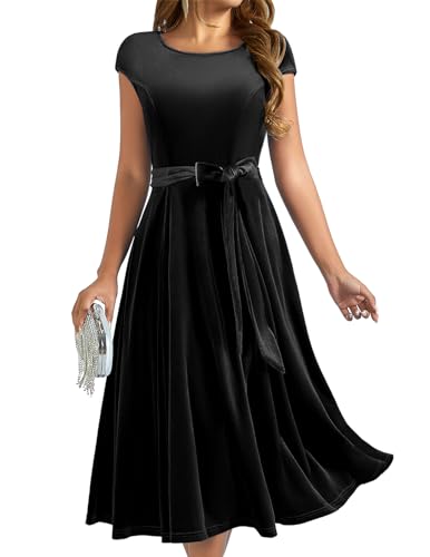 DRESSTELLS Damen Samtkleid Elegant Cocktailkleid Knielang Ballkleider Rundhals Partykleid Winterkleid für Hochzeit Velvet Black 2XL von DRESSTELLS