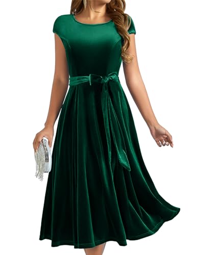 DRESSTELLS Damen Samtkleid Velvet Retro Kleid Elegant Abendkleid Rundhals Partykleid Cocktailkleid Winterkleid Velvet DarkGreen L von DRESSTELLS