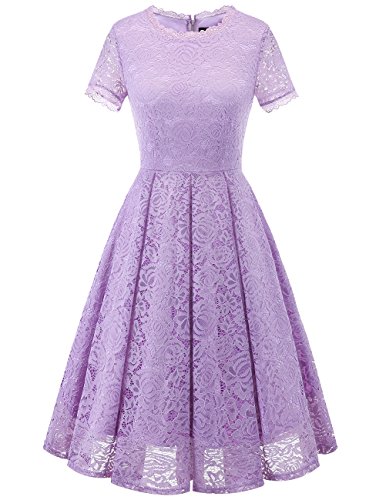 DRESSTELLS Damen Spitzenkleid brautmütter Kleider, Knielang Elegant Brautjungfer Cocktailkleid, Rockabilly Floral Kleid Kurzarm Lavender S von DRESSTELLS