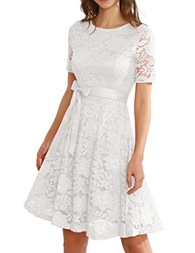 DRESSTELLS Damen Elegant Kleid Rundhals Spitze Cocktailkleid Kurzarm Swing A-Linie Partykleid Knielang Hochzeitsgastkleid Midikleid White M von DRESSTELLS