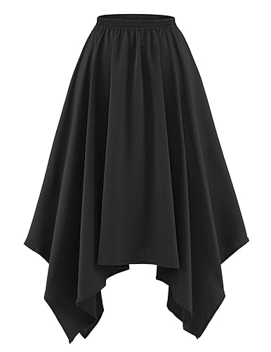 DRESSTELLS Damen Swing Rock Elastische Taille Einfarbig Faltenrock Knielang A-Linie Unregelmäßiger Rocksaum Black L von DRESSTELLS