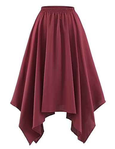 DRESSTELLS Damen Swing Rock Elastische Taille Einfarbig Faltenrock Knielang A-Linie Unregelmäßiger Rocksaum Burgundy M von DRESSTELLS