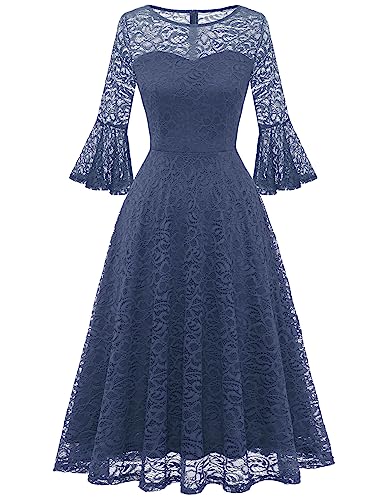 DRESSTELLS Damen Vintage Cocktailkleid 3/4 Ärmel Hochzeit Party Brautjungfernkleid Knielang Abendkleid Ballkleid Greyblue 3XL von DRESSTELLS