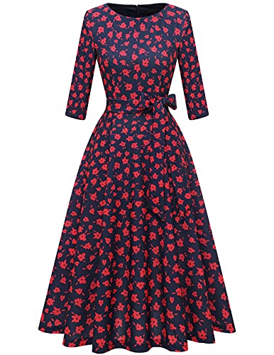 DRESSTELLS Festliches Kleid Damen Vintage Retro Kleider Rockabilly Kleid Blumenkleider Herbstkleid Winterkleid mit Gürtel Navy Small Red Flower S von DRESSTELLS