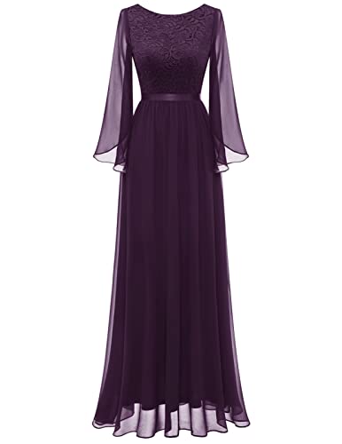 DRESSTELLS Abendkleid Lang Elegant für Hochzeit Kleid Abendkleider für Abschlussball Hochzeitsfeier Chiffon Split Flare Ärmel Grape S von DRESSTELLS