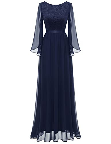 DRESSTELLS Hochzeitskleider für Damen Abendkleid Lang Elegant Cocktailkleid Basic Chiffon Spitzen Brautjungfernkleider Bodenlang Navy XL von DRESSTELLS