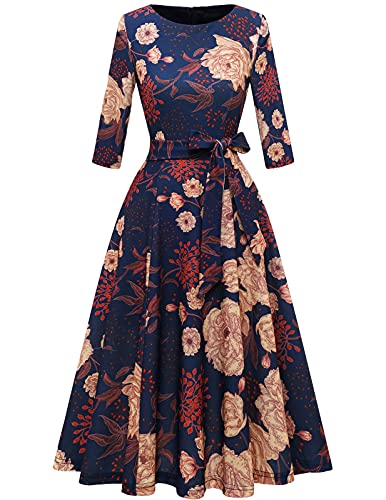 DRESSTELLS Damen Elegant Cocktailkleid Langarm Festliches Partykleid Brautmutterkleid Vintage Retro Kleid Rundausschnitt 3/4 Arm Cocktailkleid mit Gurtel Navy Yellow Flower M von DRESSTELLS