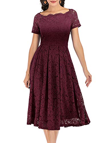 DRESSTELLS Damen Elegant FüR Hochzeit A Linie Spitzenkleid, Cocktailkleider Festlich, Knielang Abendkleider, Schulterfrei Abendkleider, kurzärmelig Swing Faltenroc, Burgundy S von DRESSTELLS