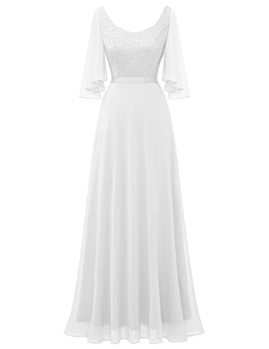 DRESSTELLS Weiß Brautjungfer Kleid, Weiß Hochzeitsball Formelle Lange Maxi Kleider mit Ärmeln V-Back Weiß S von DRESSTELLS