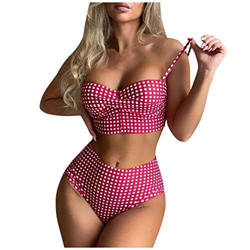 Bikini Damen Set Bauch Weg, Bikini Damen Bauchweg Große Brüste Sexy Damen Badeanzug Mit Brustpolster Push-Up Zweiteiliger Tank Top Höschen Slim Fit Karierter Bikini Push Up Sport (Heißes Rosa,L) von DRILEND