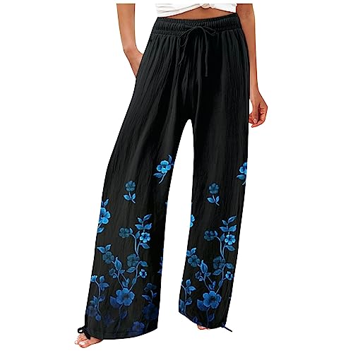 DRILEND 7/8 Hosen Damen Sommer, Jogginghose Damen Arbeitshose Sporthose Lang Hosen Für Damen Flowy Sommer Hohe Taille Weites Bein Print Hose Casual Hosen Plissierte Hose Damen (Blau,3XL) von DRILEND