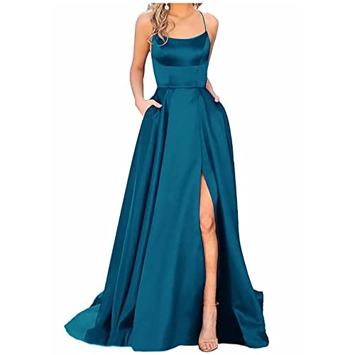 DRILEND Boho-Kleid, Sexy Kleid Damen Sommerkleid Damen Knielang Midi Kleider Damen Satin Kleid Chiffonkleid Damen Wickelkleid Damen Mitgründer Kleid Abend Kleider Lange Karneval Kleid(Blau,S) von DRILEND