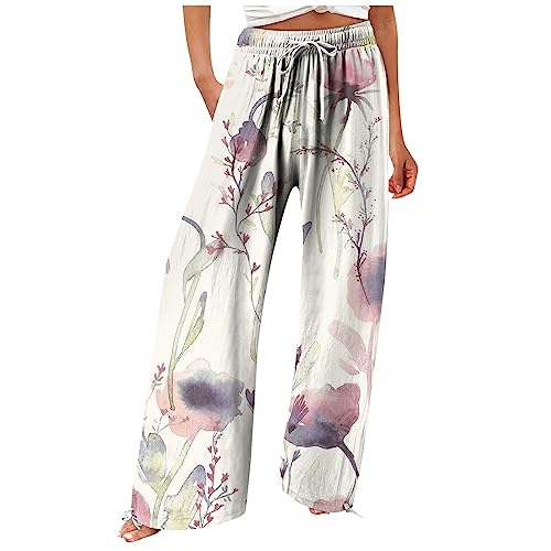 DRILEND Sport Hosen Damen, Yoga-Hosen Für Damen Freizeithosen Hosen Teenager Mädchen Hosen Für Damen Flowy Sommer Hohe Taille Weites Bein Print Hose Casual Hosen Joggen Trainingshose (Weiß,M) von DRILEND