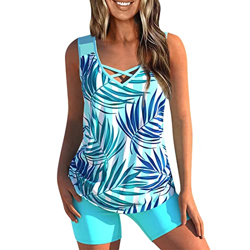 DRILEND Tankini Damen Bauchweg, Badeanzüge Für Damen Tankinis Tankini Große Größen Damen Tankini Zweiteiler Elegant Lounge Set Bademode Bauchweg Summer Aesthetic Push Up Tankini Damen (Blau,4XL) von DRILEND