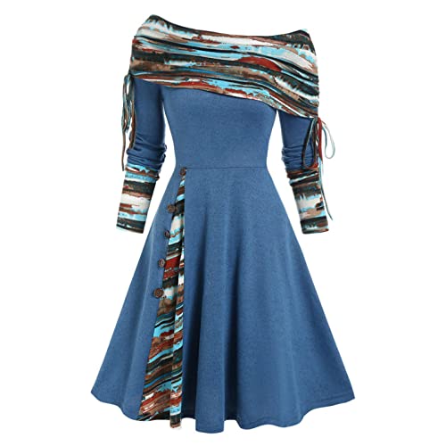 DRILEND Weihnachten Kleiderdamen Damen Festlich, Plisseekleid Kleider Lang Elegant Weisse Kleider Damen Enges Schwarzes Kleid Abendkleider Kurz Elegant Vintage Kleider Spitze(1-Blau,XXL) von DRILEND