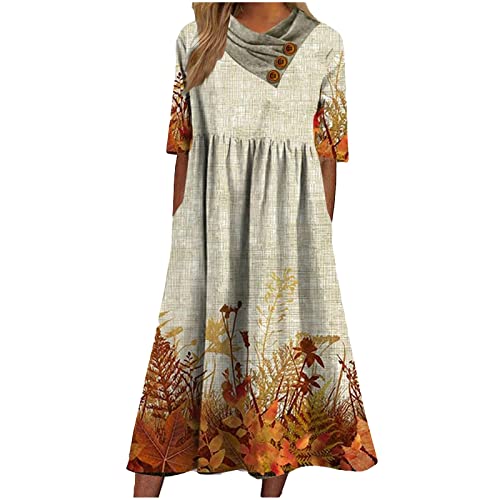 Kleidung Damen, 20Er Jahre Kleid Sommerkleid Damen Knielang Strandkleid Lang Damen Knopfdekoration V-Ausschnitt Kleid Patchwork Blumendruck Kurzarm Langes Sommerrock Damen Wickelkleid (Gelb,XXL) von DRILEND