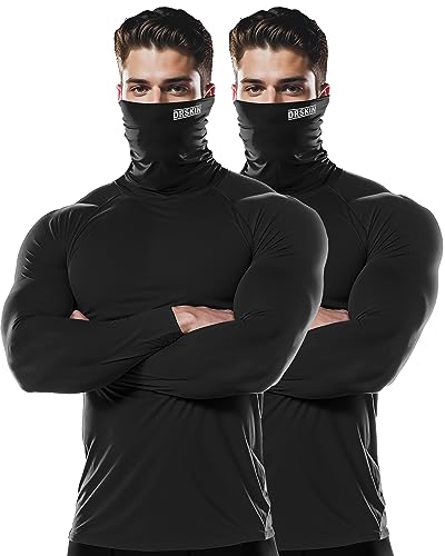 DRSKIN Herren 2 oder 1 Pack Rollkragen-Kompressionsshirt Top Maske Shirts Langarm Thermo Sport Baselayer Laufen Trocken, Rollkragen, Schwarz, 2 Stück, XX-Large von DRSKIN