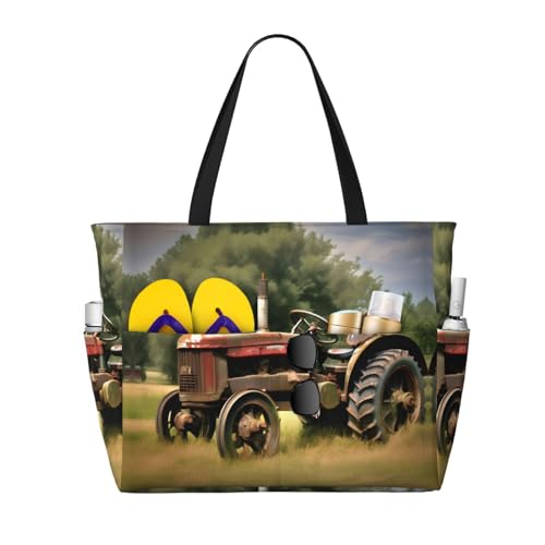 DRTGEDS Alte Traktor Fotos Bauernhof große Kapazität Stofftasche mit Reißverschluss sanddicht Frauen Strandtasche Handtasche Gymnastik Reisen, schwarzes, Einheitsgröße von DRTGEDS