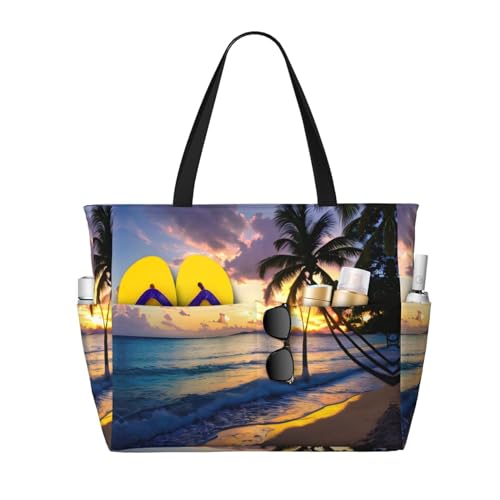 DRTGEDS Atemberaubende Jamaika-Strandtasche und Pooltasche für Damen, viele Taschen, Strandtasche mit Reißverschluss, Turnbeutel für Reisen, Schwarz, Einheitsgröße von DRTGEDS